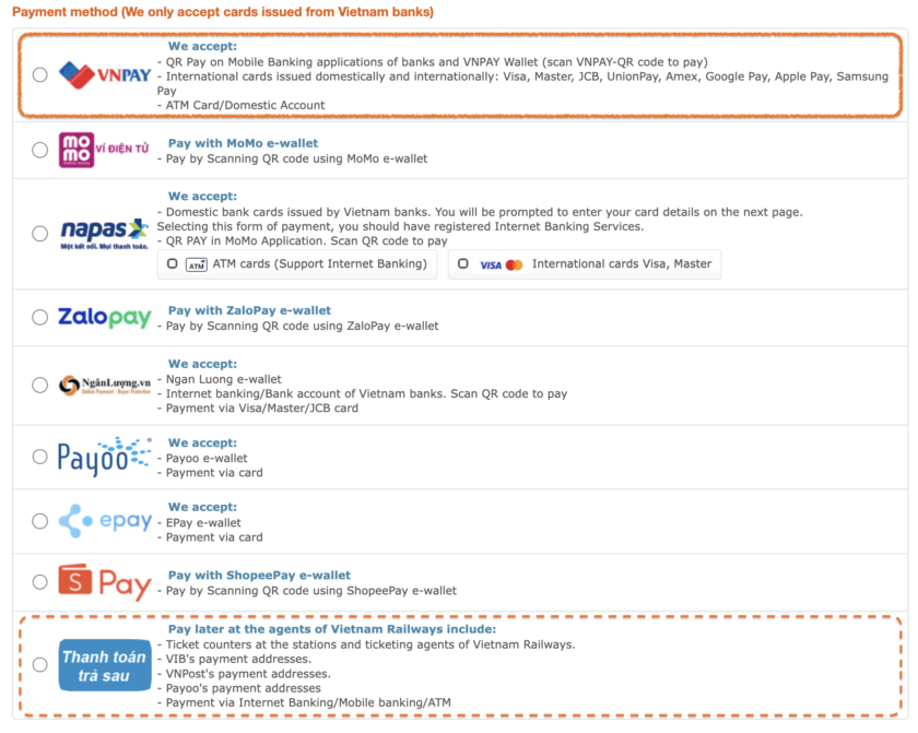 支払い方法選択画面, ベトナム統一鉄道